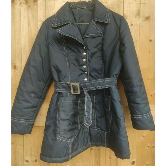 British Mist Navy Belted Fitted Snap Front Coat Vintage w wide Notch Collar M - Picture 1 of 7